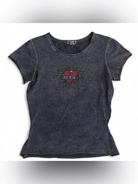 Y2K vintage Riley acid wash logo heart graphic baby tee with embroidery accents